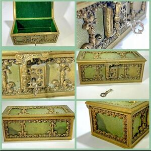 ANTIQUE 1800’S ROYAL GERMAN BRONZE MARKED- Ormolu And Leather Jewelry Casket